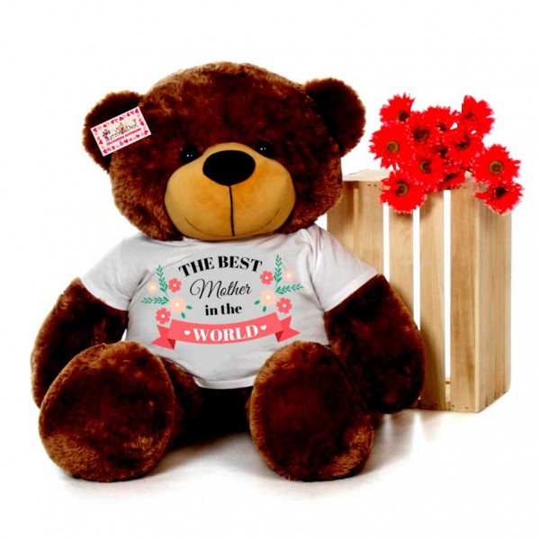 4 feet brown teddy bear wearing The Best Mother in the world T-shirt
